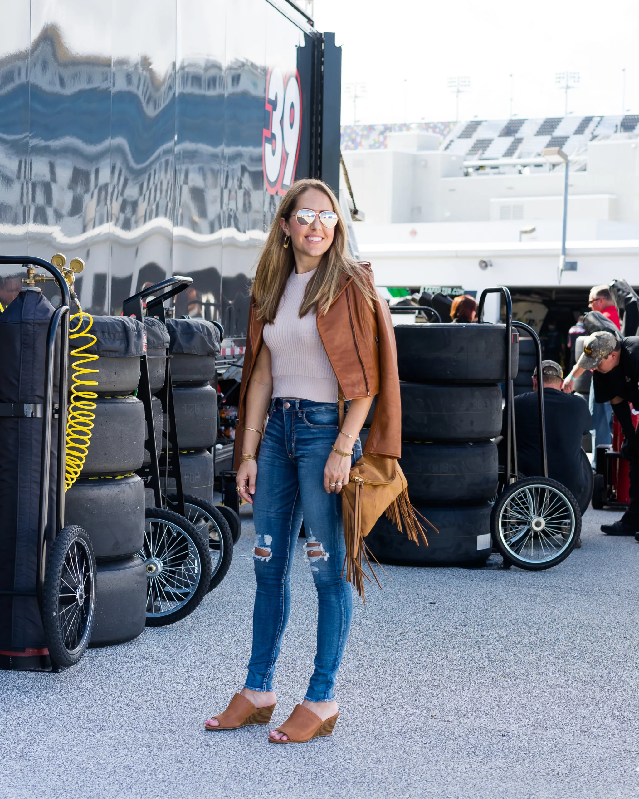 Distressed Jeans with Leather Jacket and Wedge Mules — NASCAR Outfits 2027