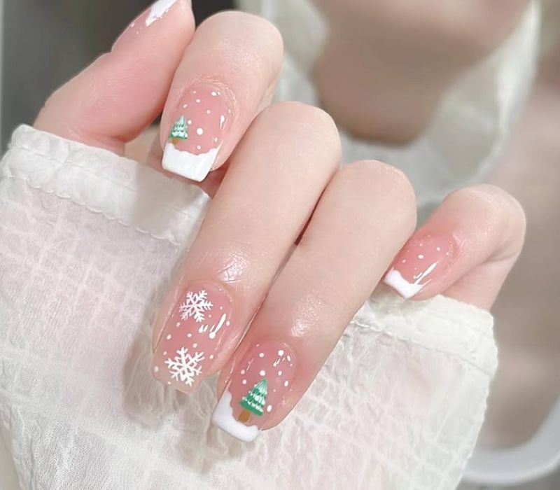 Clear Base White Tips Green Accents Visual Idea — White Christmas Nails 2026