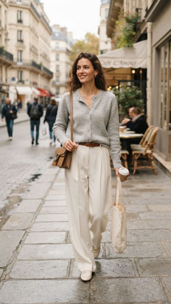 Grey Cardigan and Cream Wide-Leg Trousers for Chic Casual Grey Cardigan and Cream Wide-Leg Trousers for Chic Casual — Zoom Outfits 2027