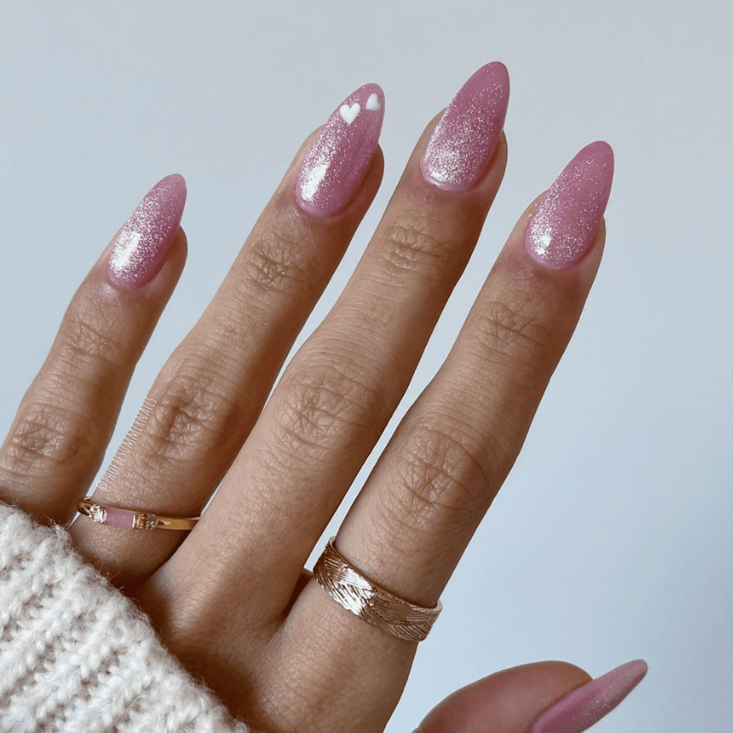 Shimmer Pink Stiletto with White Hearts Shimmer Pink Stiletto with White Hearts — Mismatched Heart Nails 2027