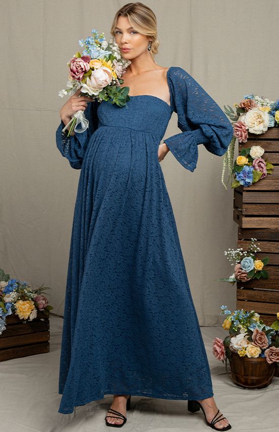 Blue Long Sleeve Lace Maxi Dress with Bell Sleeves Blue Long Sleeve Lace Maxi Dress with Bell Sleeves — Bridal Shower Dress 2027 for Guest