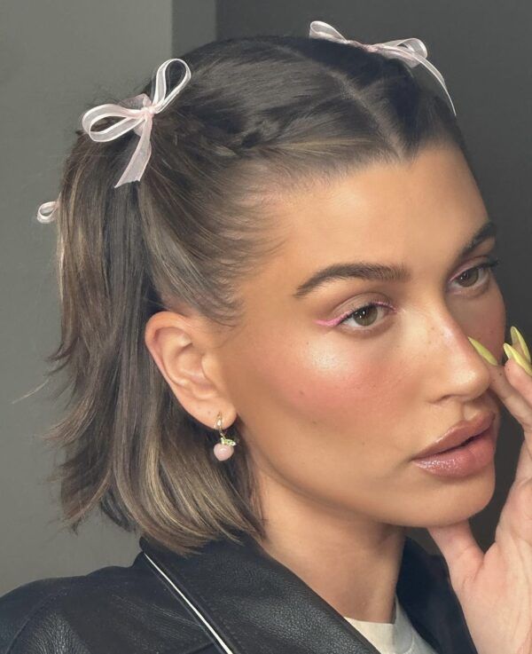 Chin Length Dark Bob With Pink Bow Braids Chin Length Dark Bob With Pink Bow Braids — Coquette Hairstyles 2027