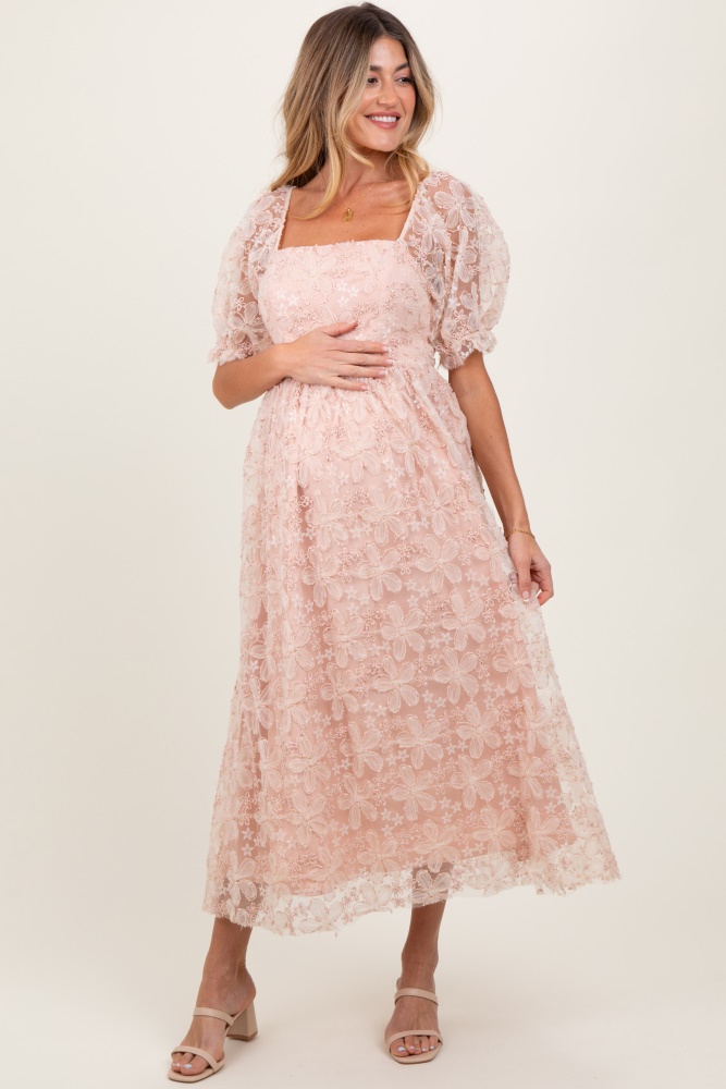 Blush Pink Lace Midi Dress with Puff Sleeves Blush Pink Lace Midi Dress with Puff Sleeves — Gender Reveal Outfits 2027