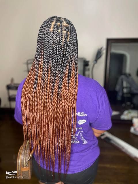 Black to Auburn Ombre Braids with Wavy Ends — Ombre Knotless Braids 2027