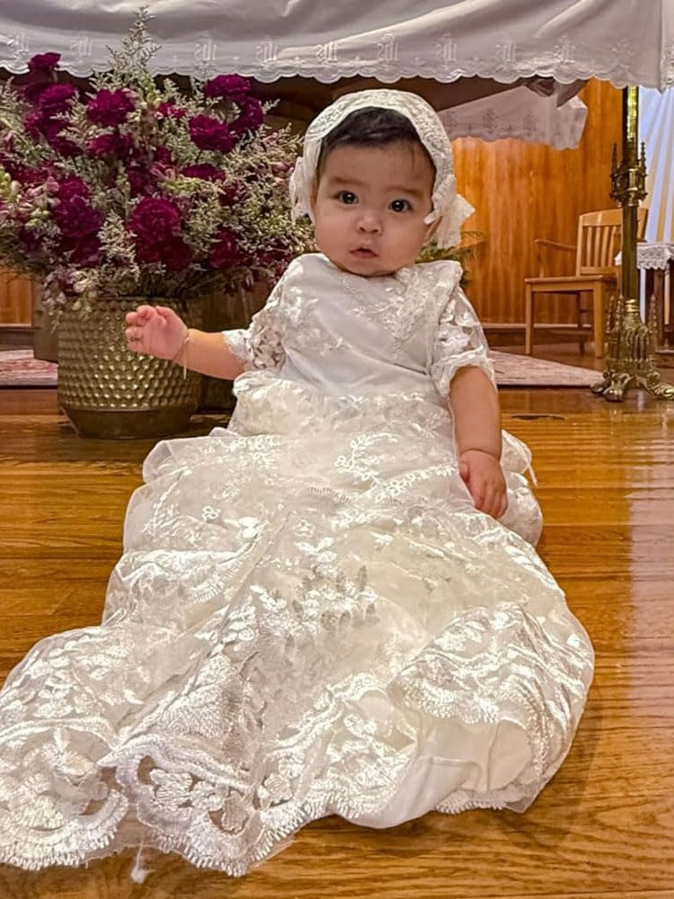 Dramatic White Lace Gown with Long Train and Bonnet — Christening Outfits 2027