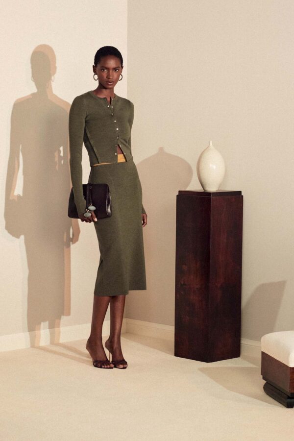 Olive Green Knit Cardigan and Pencil Skirt Set Olive Green Knit Cardigan and Pencil Skirt Set — Business Casual Outfits 2027