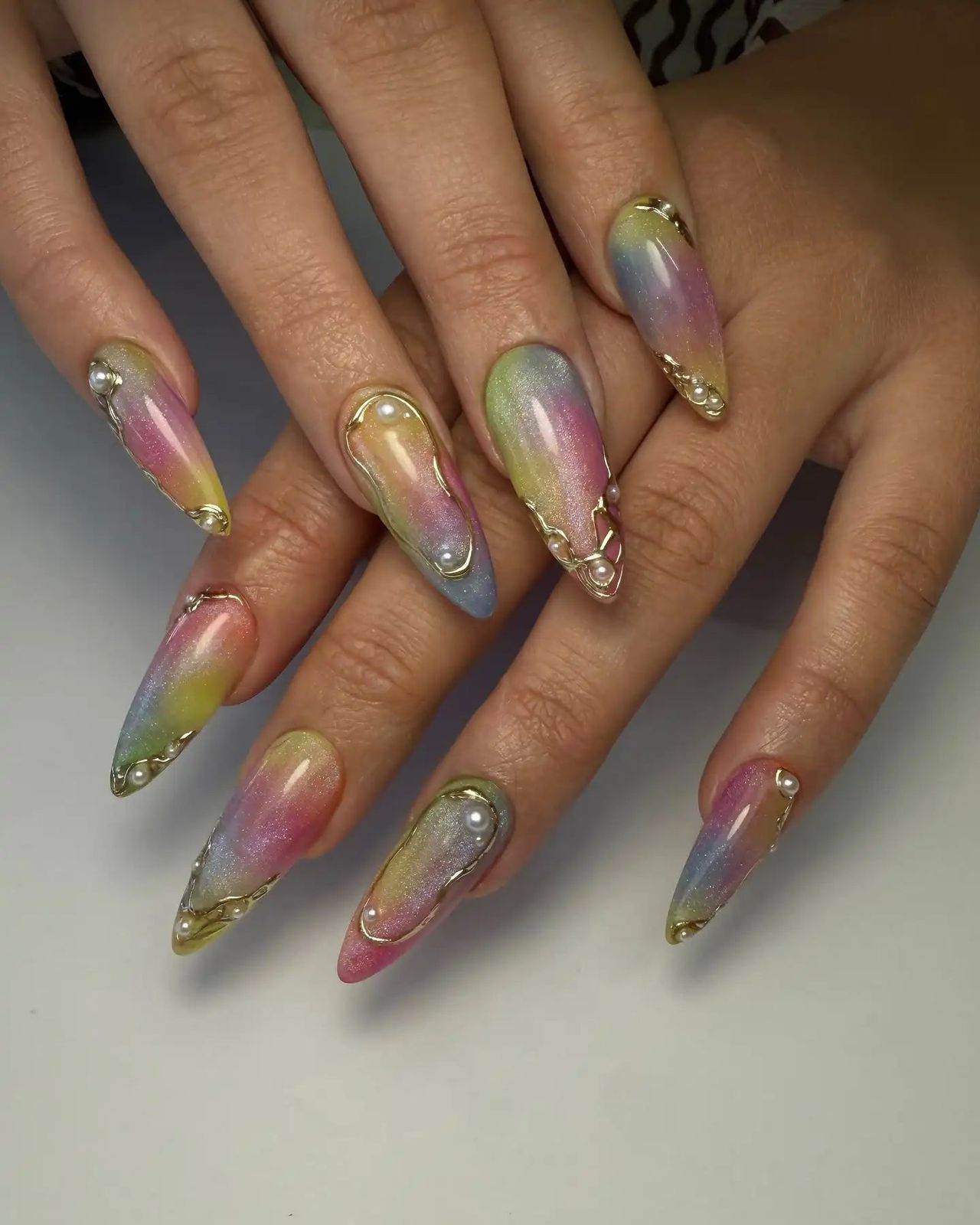 Iridescent Pastel Stiletto with Pearls & Gold Iridescent Pastel Stiletto with Pearls & Gold — Pearl Aura Nails 2027