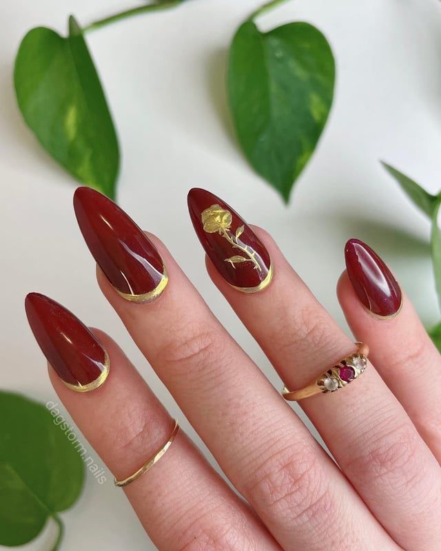 Deep Red Stilettos with Gold Foil Rose — Rose Nails 2027