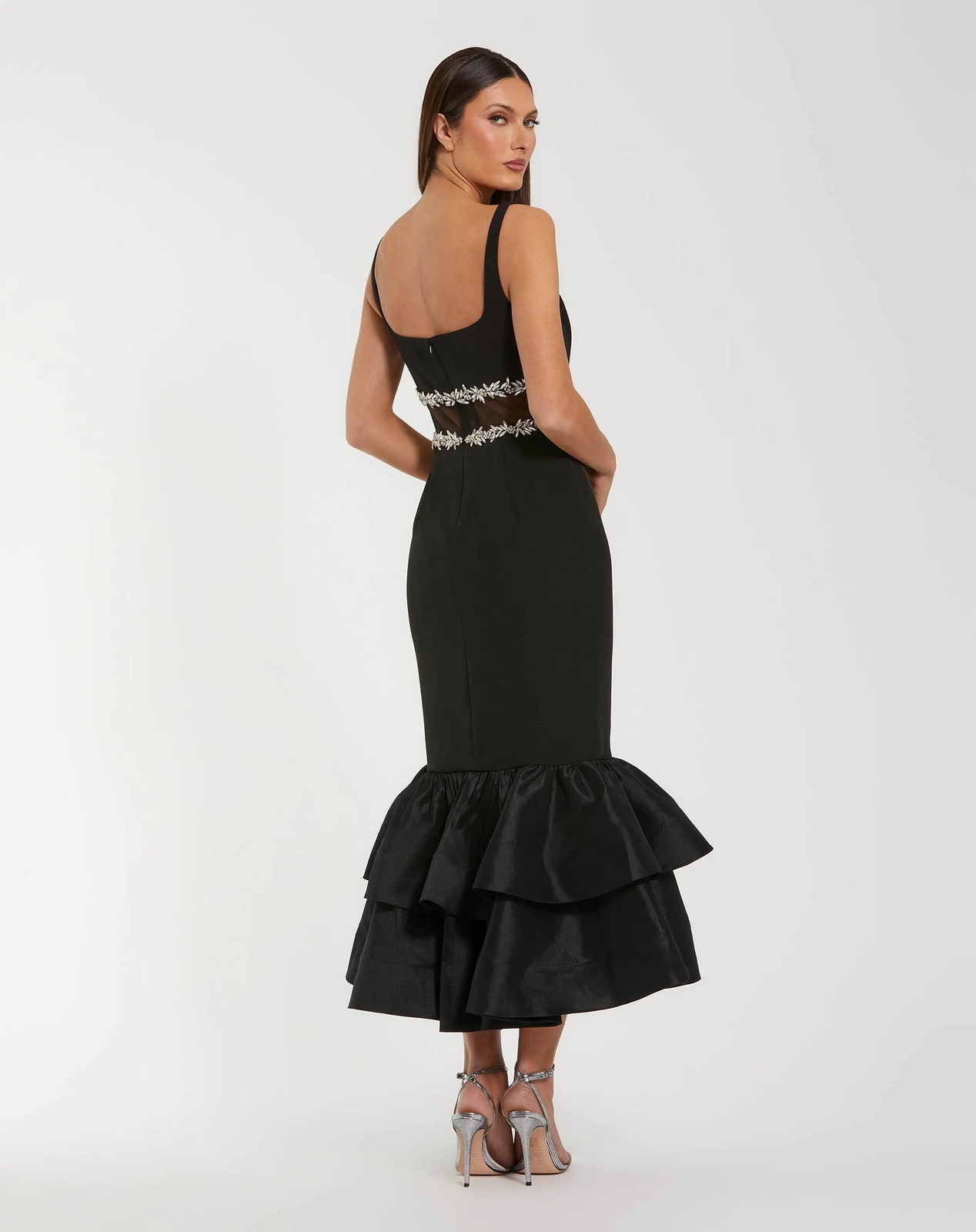 Silver Heels Black Crepe Midi Dress with Satin Tiered Ruffle Hem Silver Heels Black Crepe Midi Dress with Satin Tiered Ruffle Hem — Ruffle Hem Dress 2027