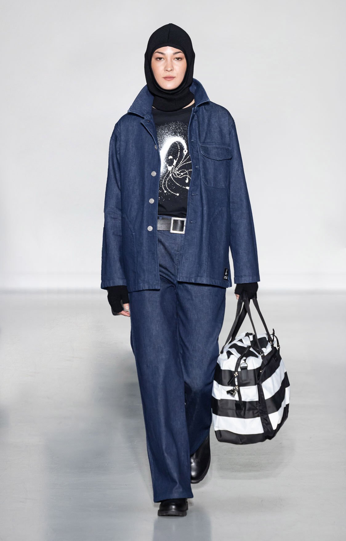 Runway Ready: Dark Denim Jacket with Graphic Tee and Balaclava — Denim Jacket Outfits 2027