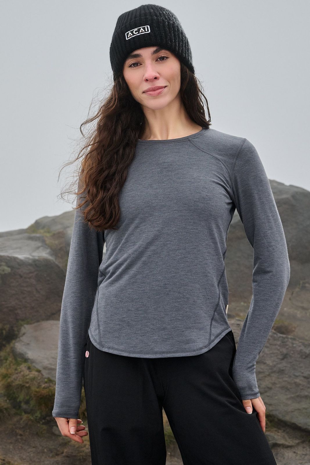 Grey Long-Sleeve Top and Black Trousers with Beanie — Athletic Hiking Outfits 2027