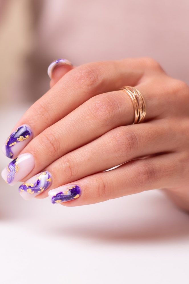 Medium Square Nude With Purple Swirls & Gold Foil Medium Square Nude With Purple Swirls & Gold Foil — Simple Graduation Nails 2027