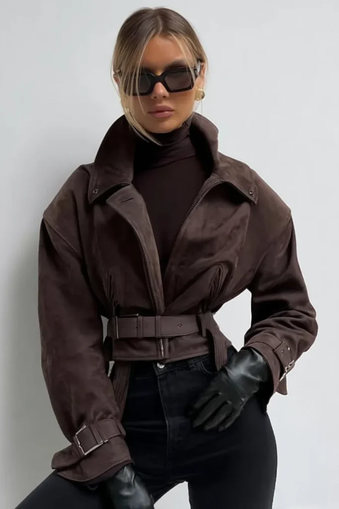 Belted Brown Suede Jacket with Turtleneck for Elevated Casual — Dressy Winter Outfits 2027