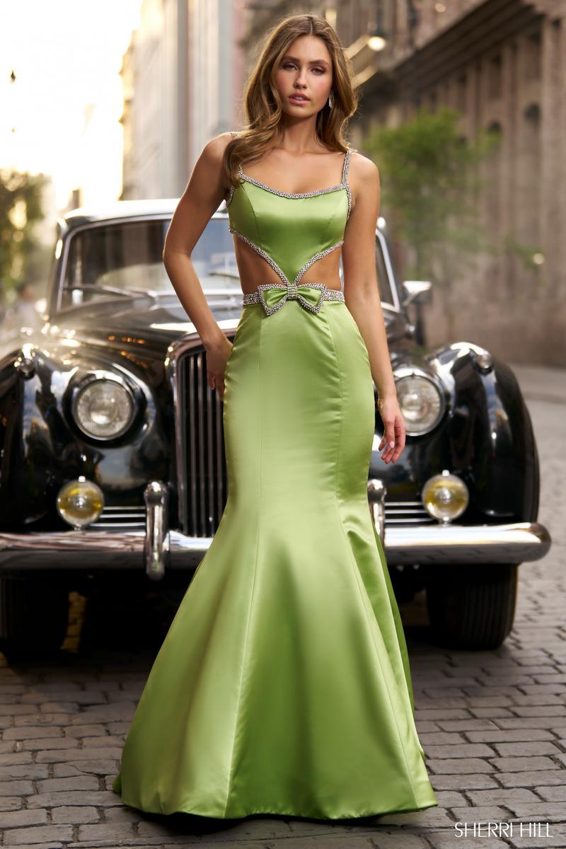 Lime Green Satin Mermaid Dress with Cut-outs and Bow Lime Green Satin Mermaid Dress with Cut-outs and Bow — Mermaid Dresses 2027