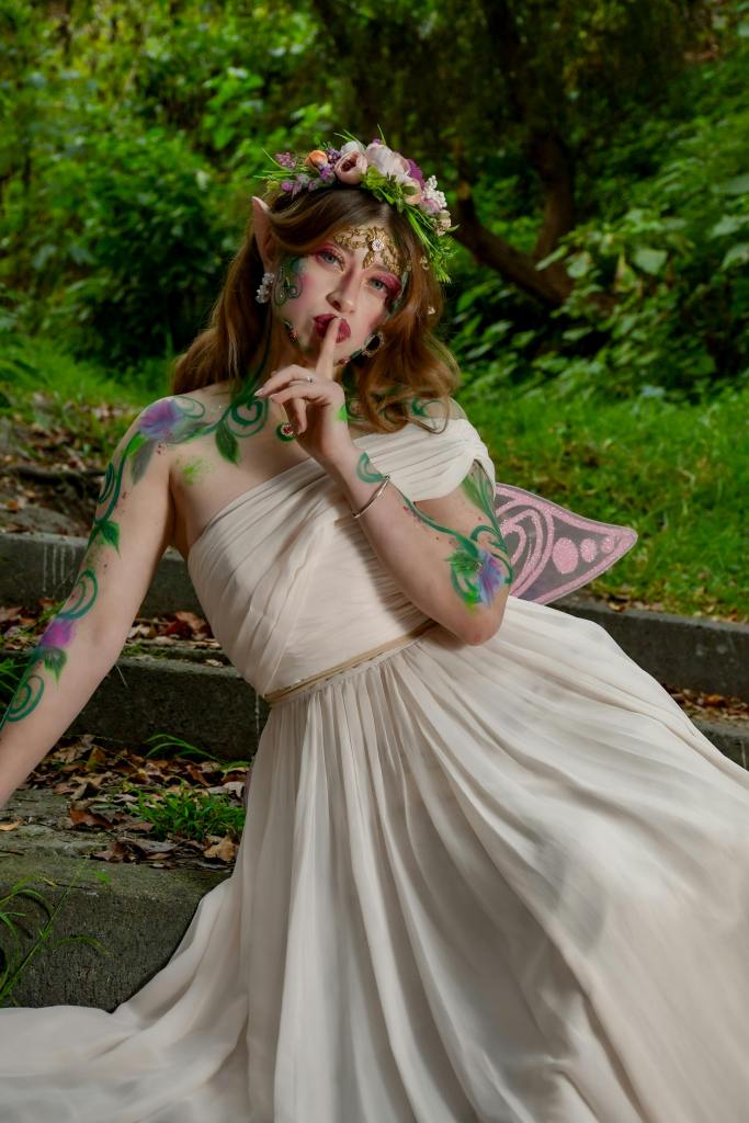 Ivory Draped Chiffon Dress with Gold Accents and Body Paint — Fairycore Outfits 2027
