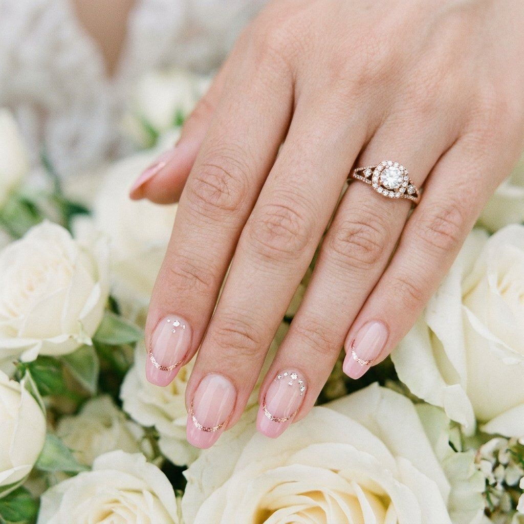 Short Oval with Rose Gold Line and Rhinestones Short Oval with Rose Gold Line and Rhinestones — Light Pink Wedding Nails 2027