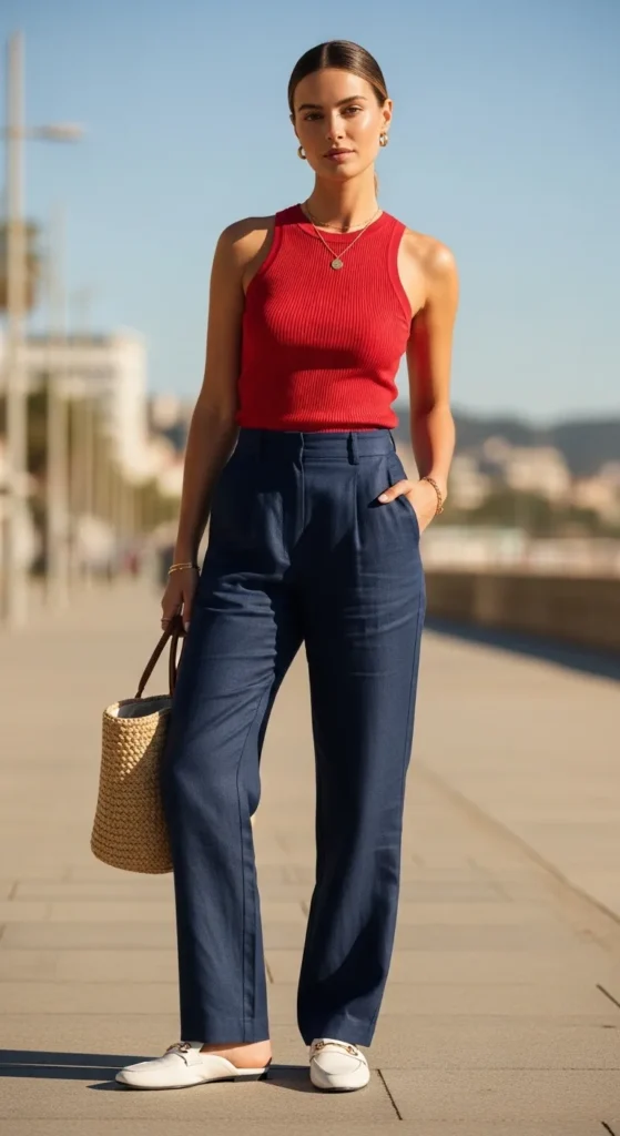 Casual Summer Outfit Idea — Navy Blue Linen Pants Outfits 2027