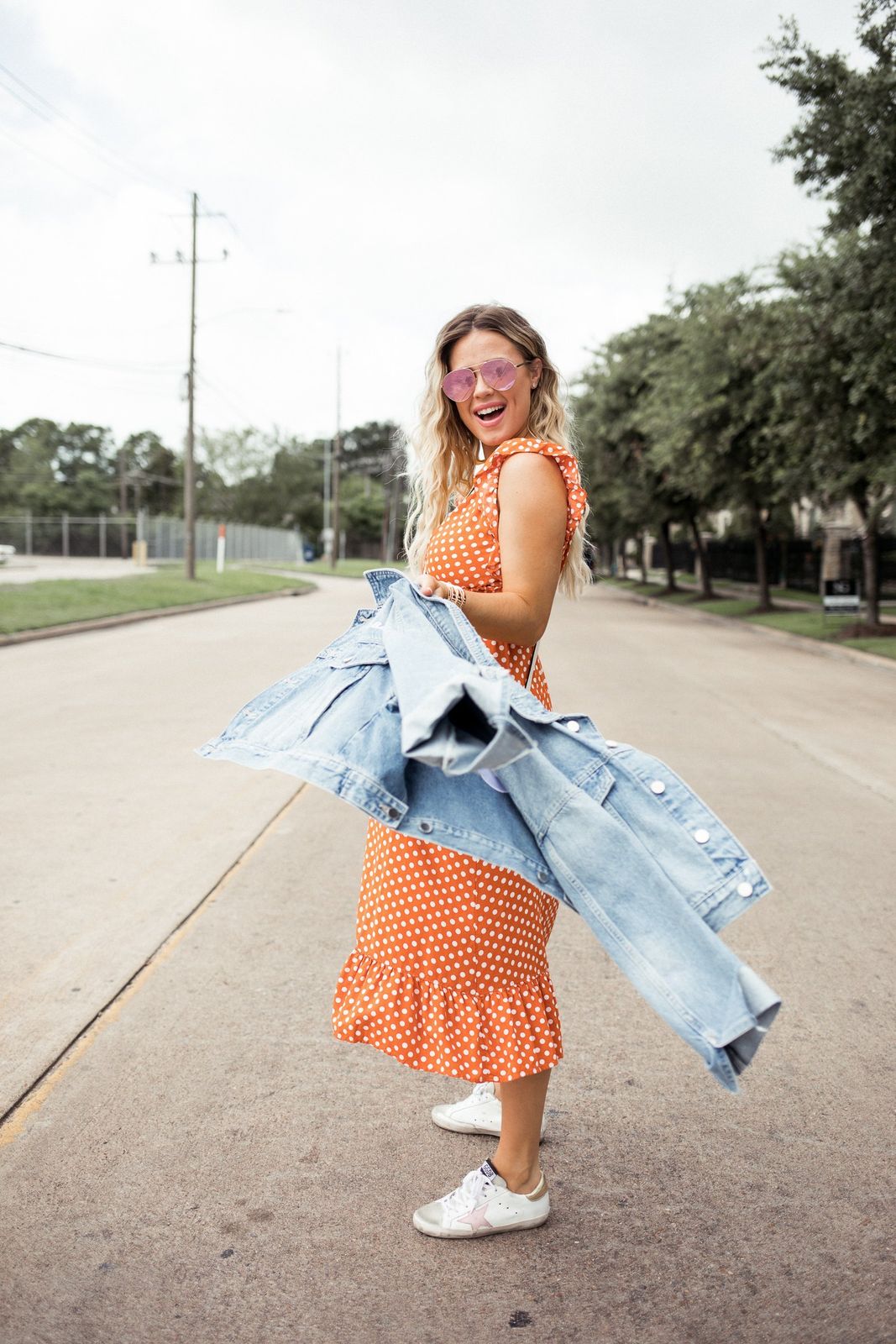 Playful Polka Dot Dress with Denim Jacket Playful Polka Dot Dress with Denim Jacket — Golden Goose Outfits 2027