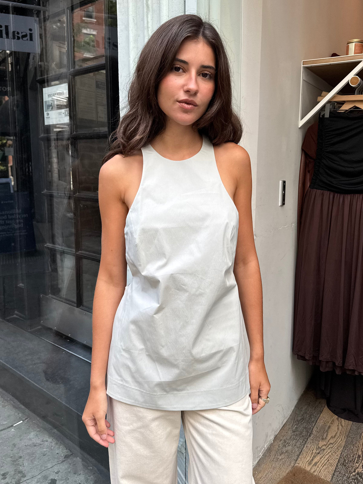 Minimalist Style: Light Grey Tank with Wide-Leg Trousers Minimalist Style: Light Grey Tank with Wide-Leg Trousers — Racerback Tank Top Outfits 2027