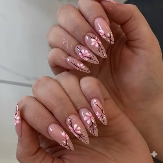 Sheer Nude Cherry Blossom Stilettos Sheer Nude Cherry Blossom Stilettos — Floral Stiletto Nails 2027