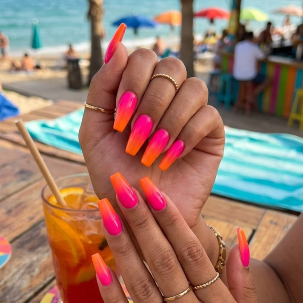 Hot Pink to Neon Orange Coffin Ombre Hot Pink to Neon Orange Coffin Ombre — Summer Ombre Nails 2027
