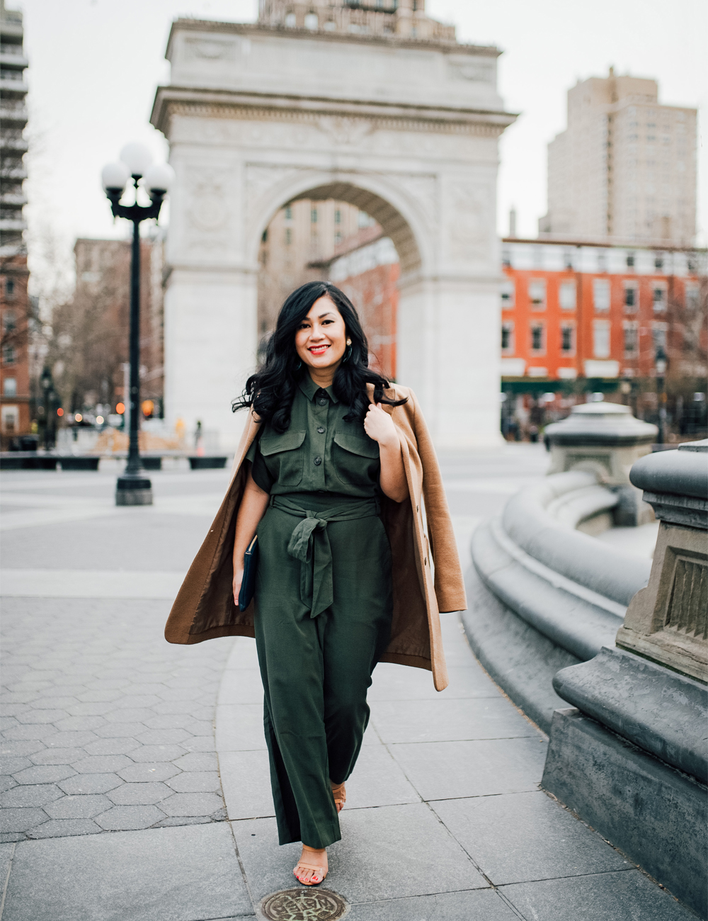 Smart Casual Olive Jumpsuit with Draped Camel Coat: Chic Layering — Earth Tone Outfits 2027