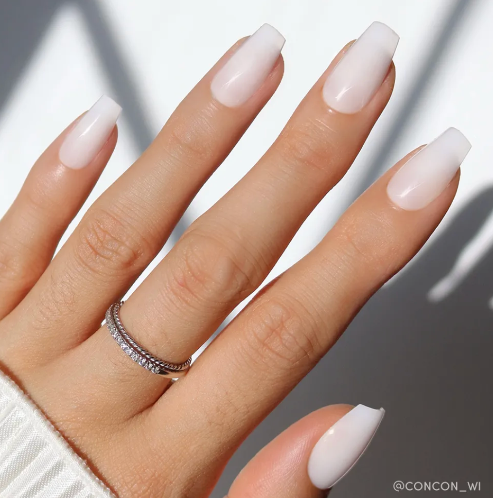 Milky White Glossy Coffin Nails Milky White Glossy Coffin Nails — Winter White Nails 2027