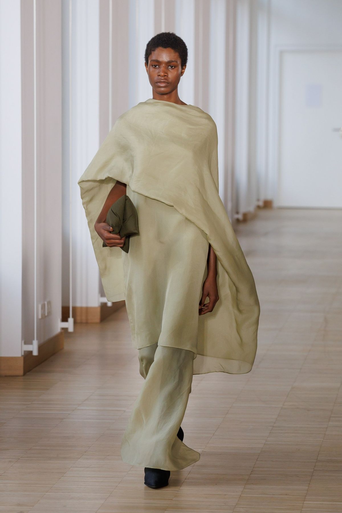 Avant-Garde Volume: Sage Green Cape and Trousers — Sage Green Outfits 2027