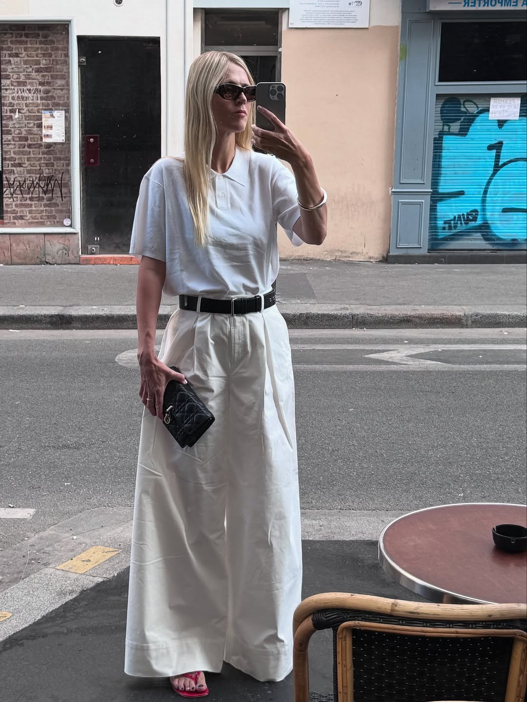 White Polo Shirt and Wide-Leg Pants — Black and White Outfits 2027