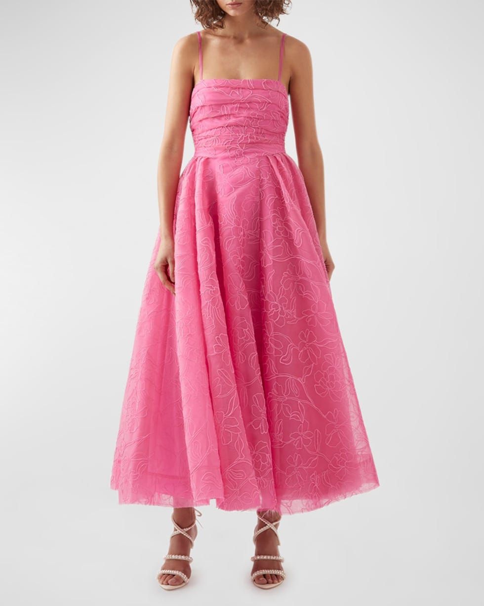 Bright Pink Strapless A-Line Midi Dress with Floral Embroidery Bright Pink Strapless A-Line Midi Dress with Floral Embroidery — Blush Rehearsal Dinner Dress 2027