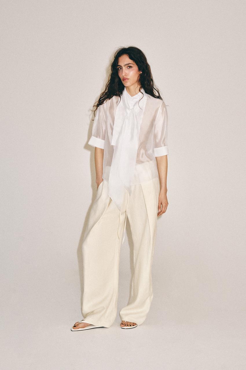 Casual Linen Blend: Tie Shirt with Wide-Leg Trousers Casual Linen Blend: Tie Shirt with Wide-Leg Trousers — Zara Outfits 2027