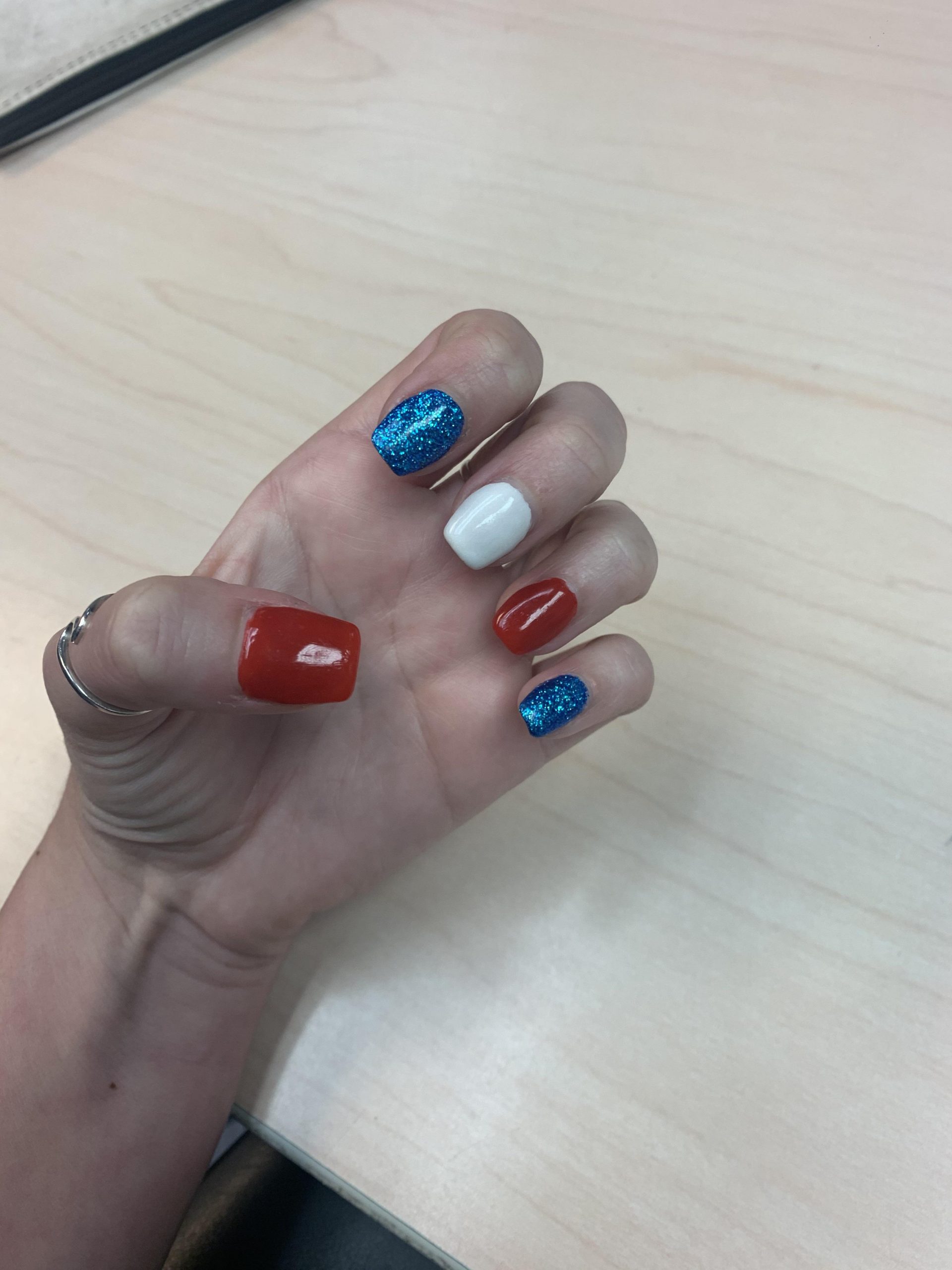 Solid Color With Glitter Accents Short Square Red and White with Blue Glitter Solid Color With Glitter Accents Short Square Red and White with Blue Glitter — Memorial Day Nails 2027