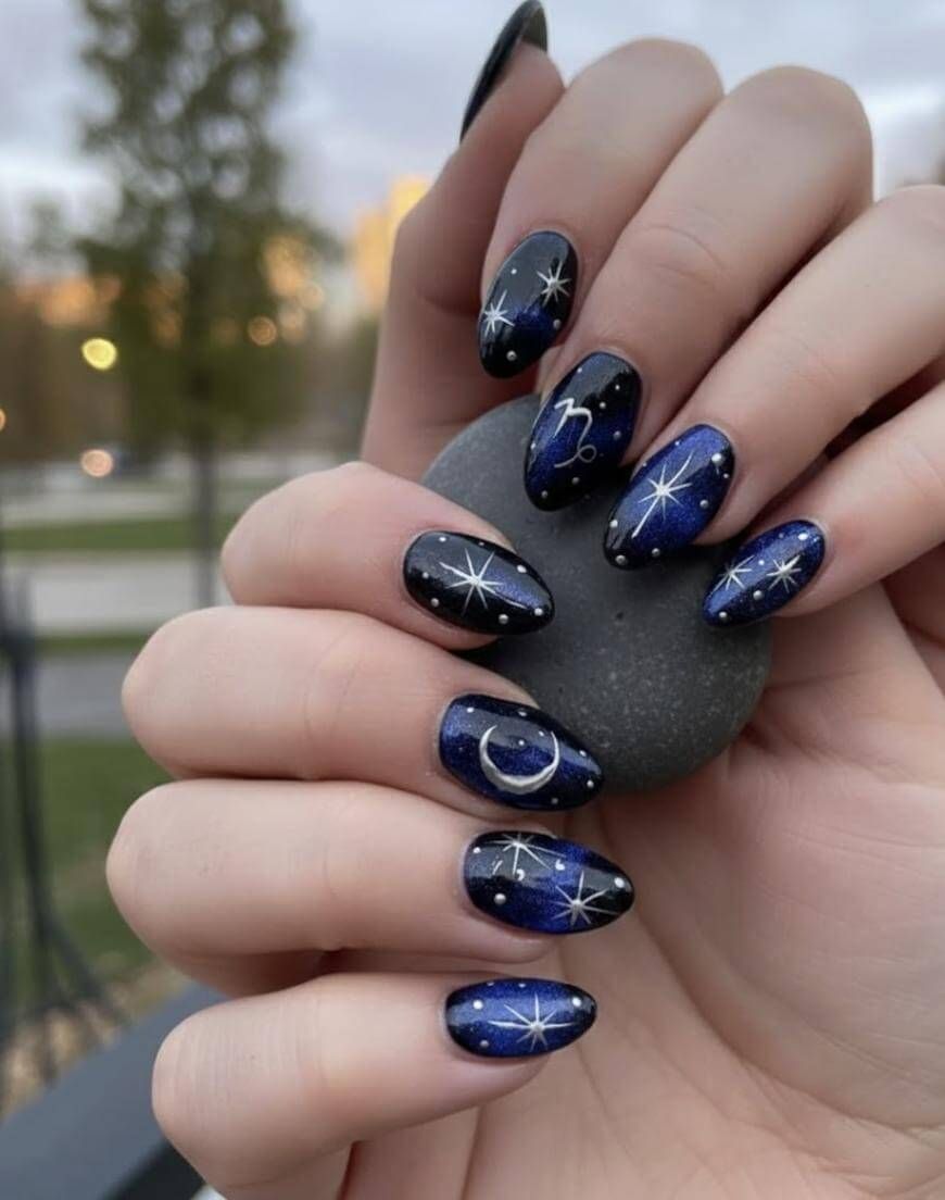 Sparkling Night Sky Oval Nails — Moon and Stars Nails 2027