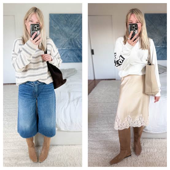 Striped Sweater with Denim Culottes and Knee-High Boots — Tall Women Outfits 2027