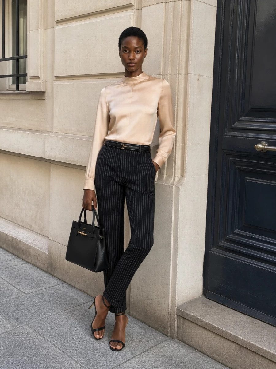 Polished Professional: Pinstripe Trousers with Silk Blouse Polished Professional: Pinstripe Trousers with Silk Blouse — Pinstripe Pants Outfits 2027