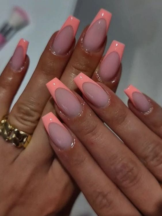 Sheer Pink with Coral French Tips — Coral Coffin Nails 2027