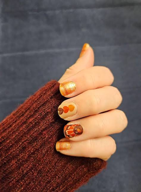 Mixed Textures: Gold, Matte Leaf, Plaid — Simple Thanksgiving Nails 2026