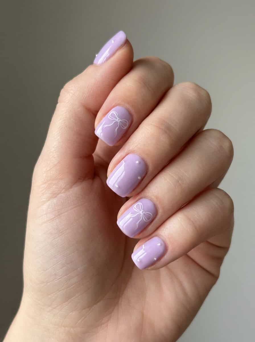 Lavender with White Bows and Dots — Lavender Wedding Nails 2027