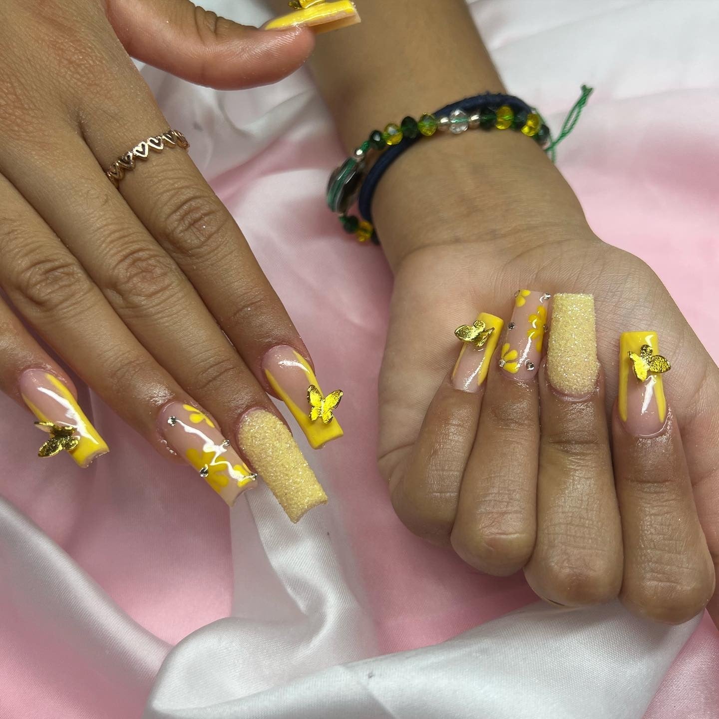 Yellow Butterfly Charms on Glitter Base Yellow Butterfly Charms on Glitter Base — Short Butterfly Coffin Nails 2027