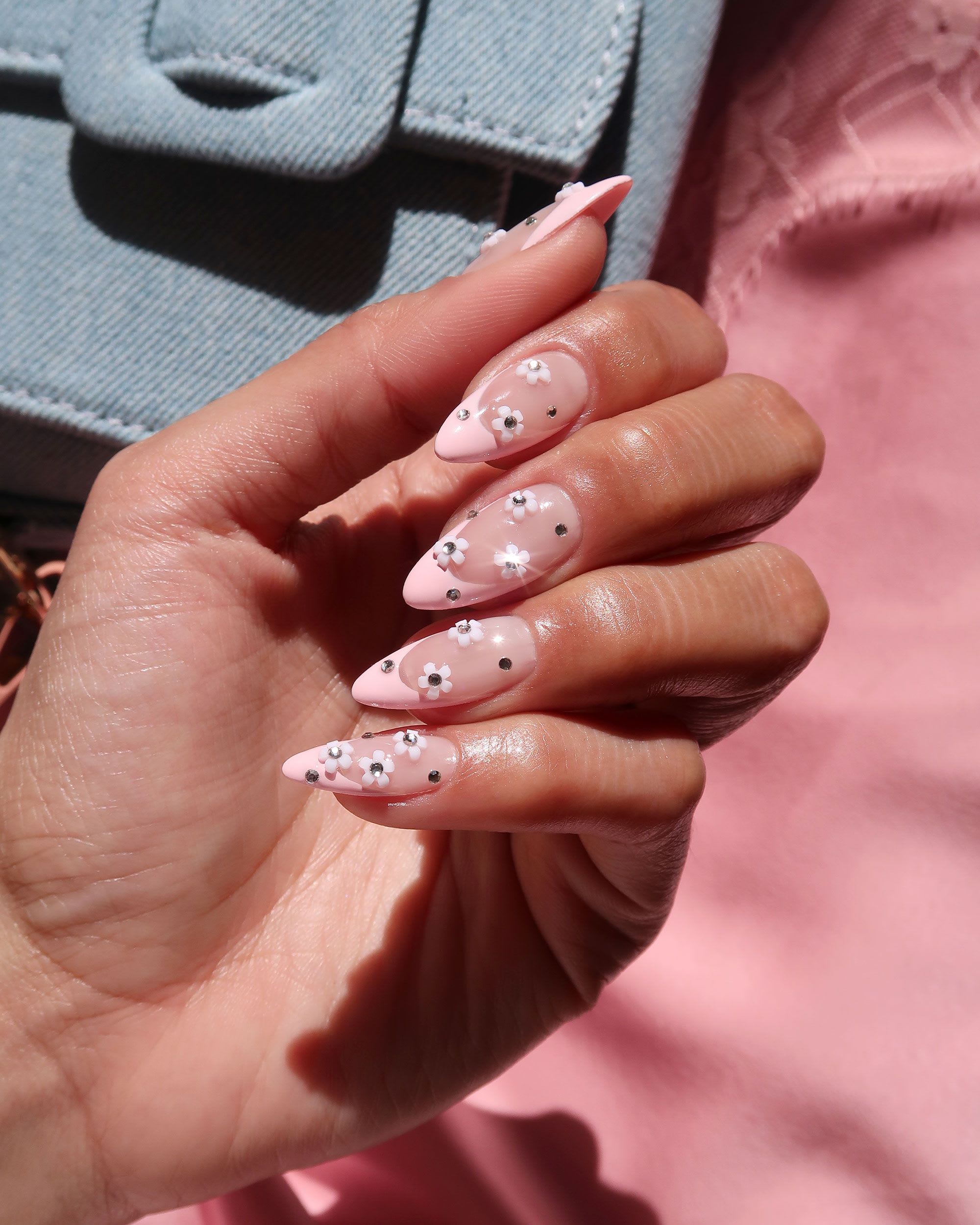 Long Stiletto With 3D White Flowers And Rhinestones Long Stiletto With 3D White Flowers And Rhinestones — Flower Nails 2027