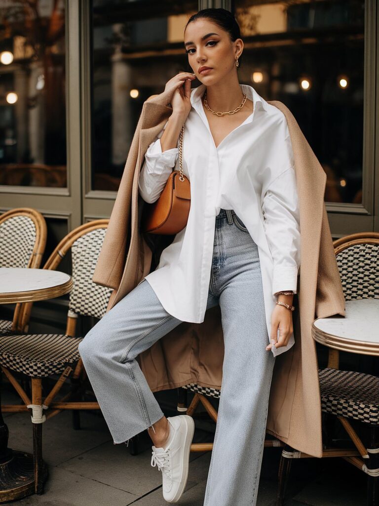 Draped Camel Coat with Oversized Shirt and Jeans — Beige Spring Outfits 2027