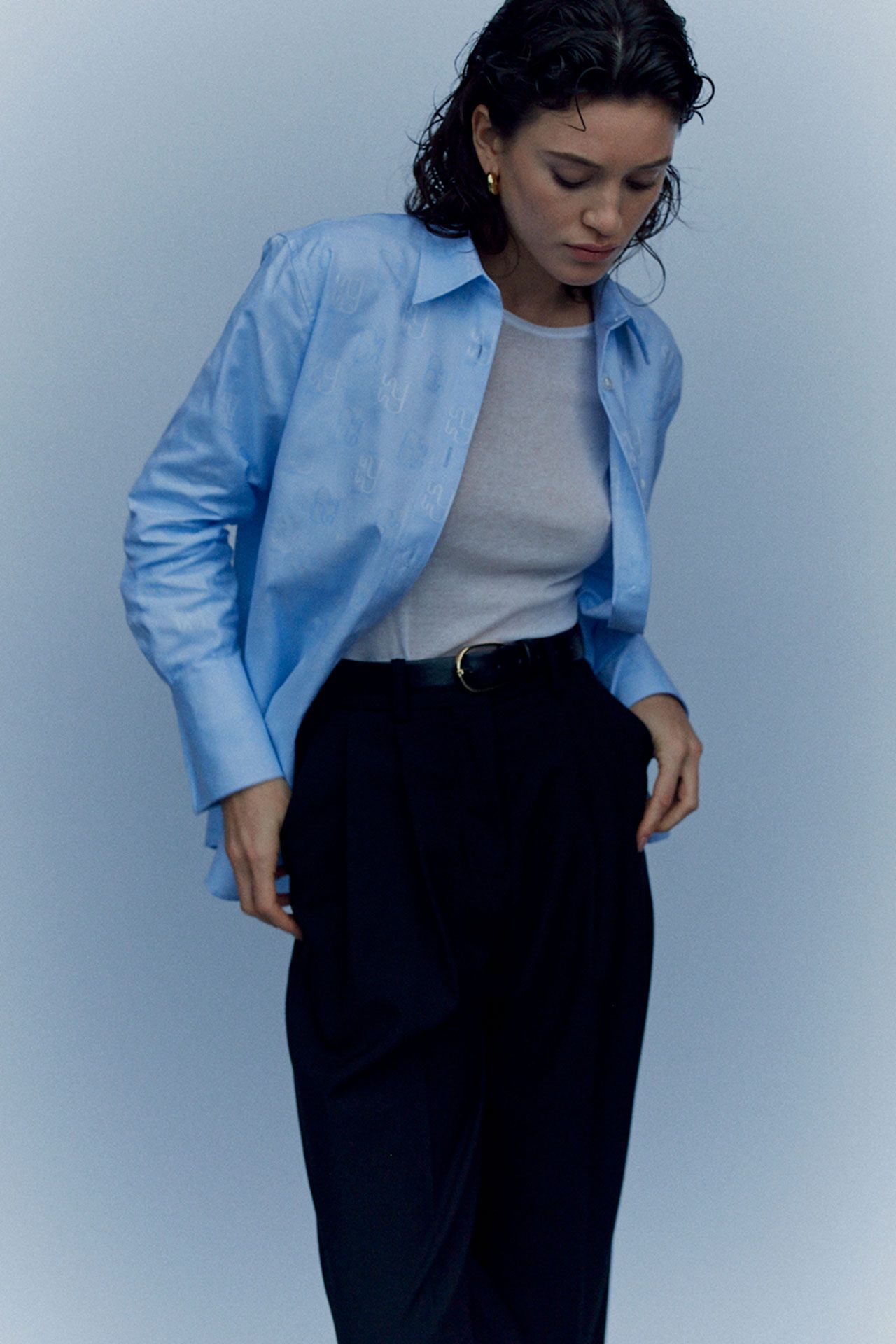 Casual Blue Button-Down Over Grey Tee with Black Trousers — Corporate Baddie Outfits 2027