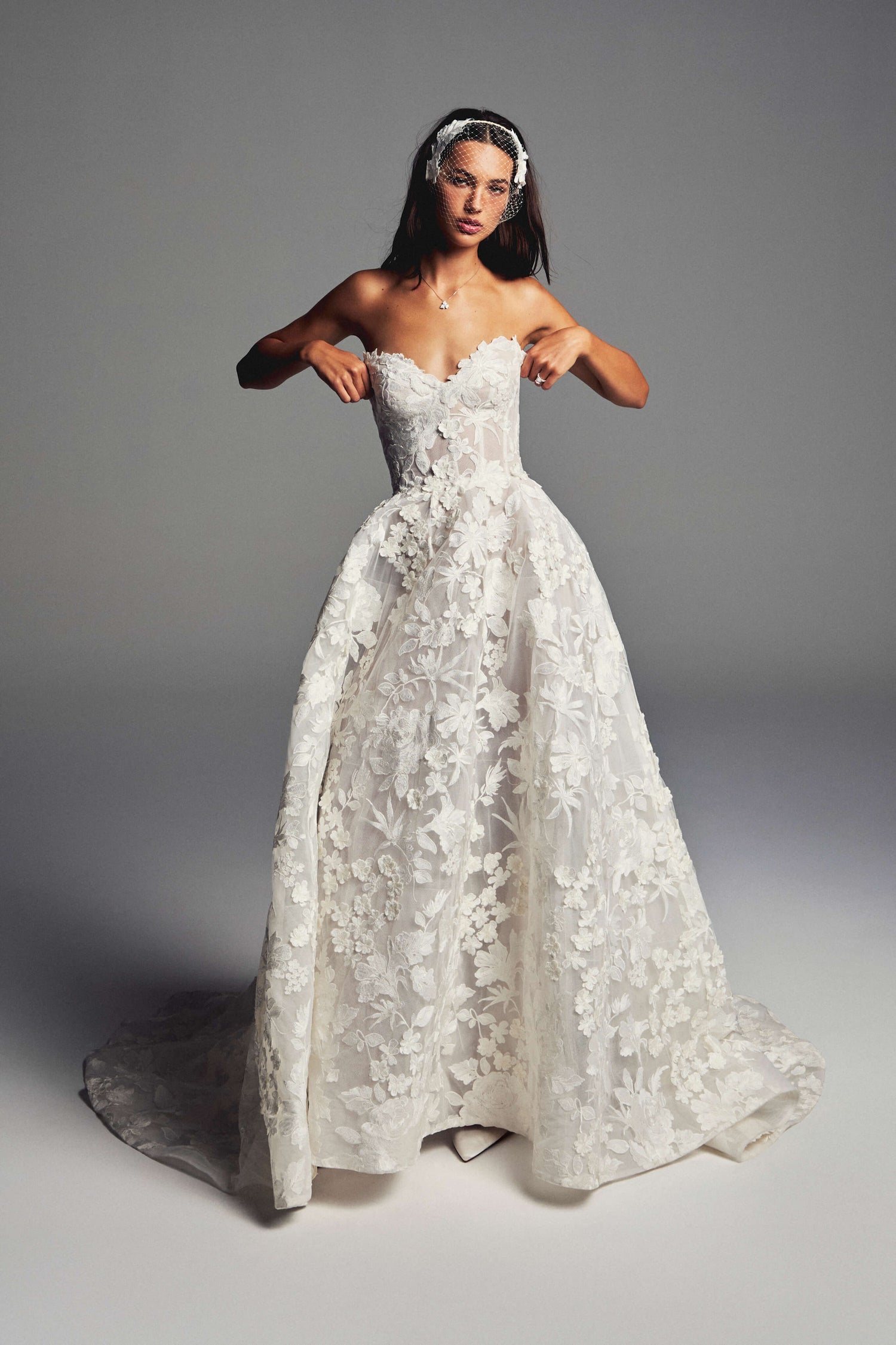 White Strapless Ballgown with 3D Floral Appliqués and Veil White Strapless Ballgown with 3D Floral Appliqués and Veil — Strapless Dresses 2027