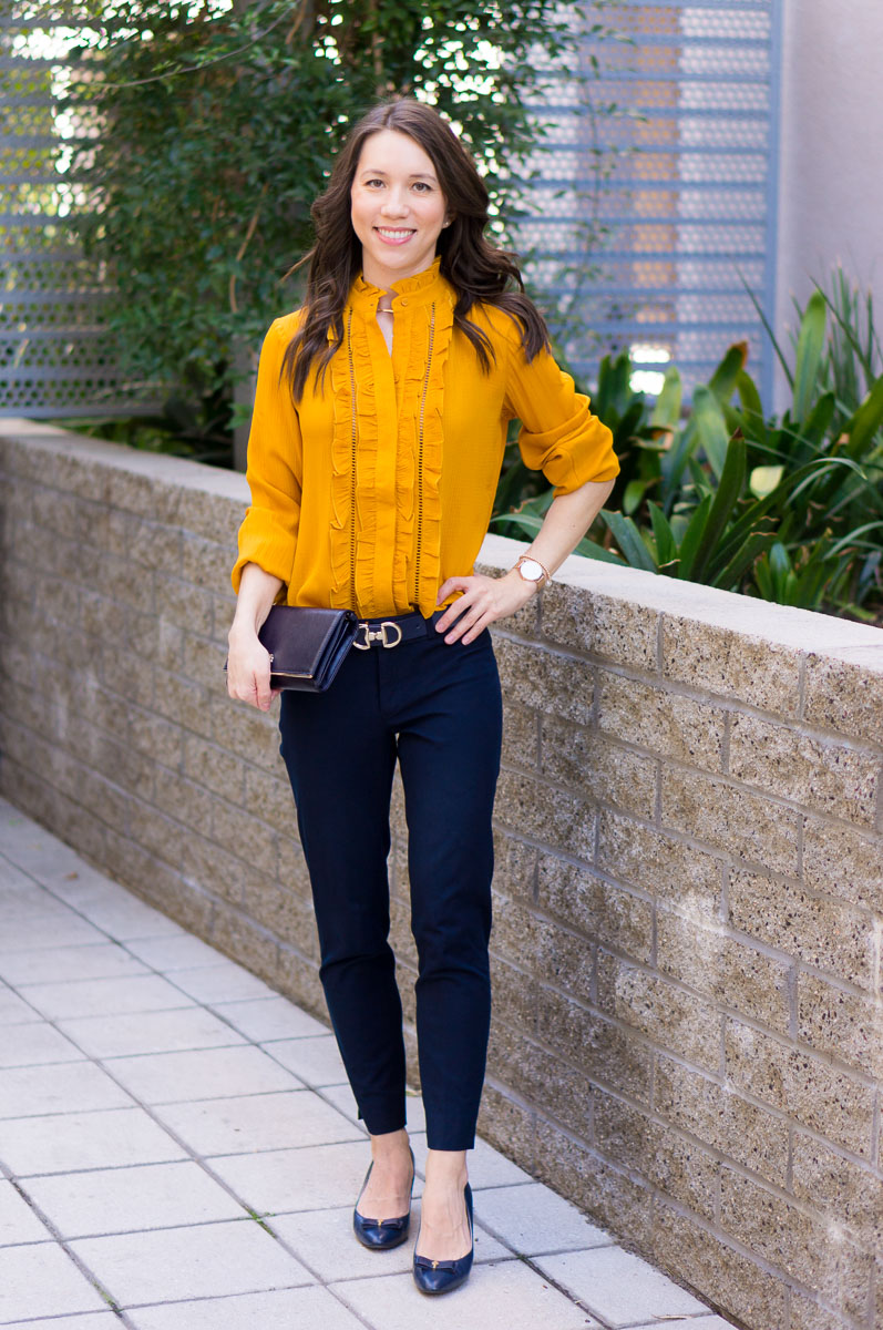 Mustard Yellow Ruffled Blouse with Navy Slim-Fit Trousers — Mustard Outfits 2027
