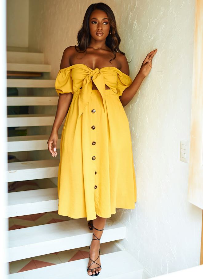 Sunny Chic: Off-the-Shoulder Yellow Two-Piece Set — Mothers Day Brunch Outfits 2027