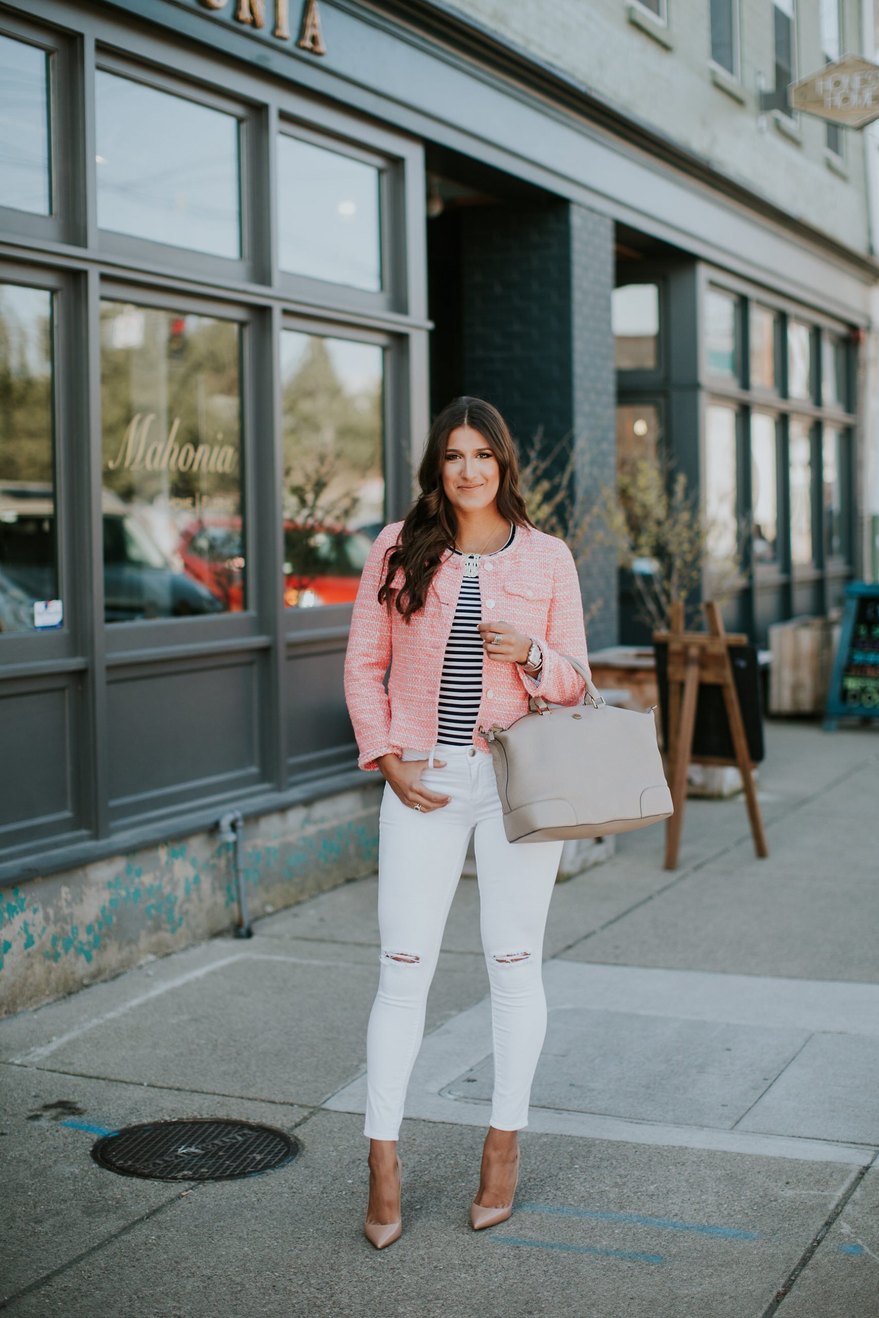 Pink Tweed Jacket and Striped Tee: Bold Preppy Combination Pink Tweed Jacket and Striped Tee: Bold Preppy Combination — Preppy Spring Outfits 2027