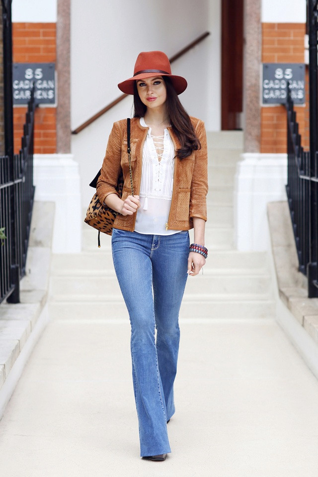 Blue Bootcut Jeans with a Suede Jacket and Fedora — Work Bootcut Jeans Outfits 2027