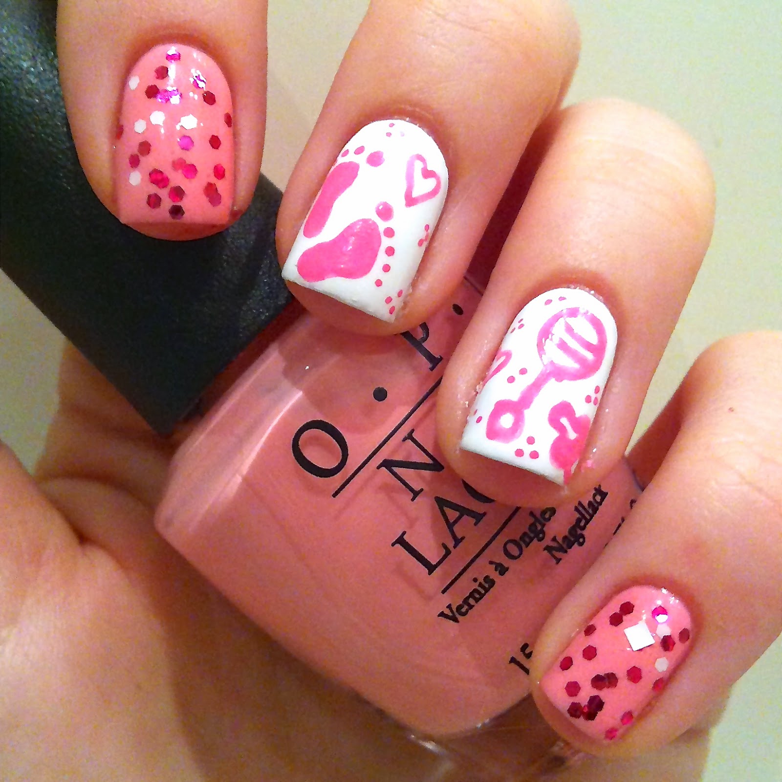 White with Pink Glitter and Rattles — Baby Shower Nails 2027