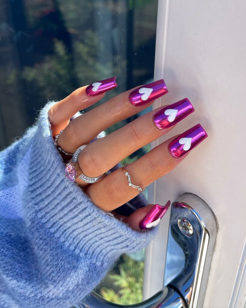 Metallic Pink Chrome Heart Coffin Nails Metallic Pink Chrome Heart Coffin Nails — Valentines Coffin Nails 2027