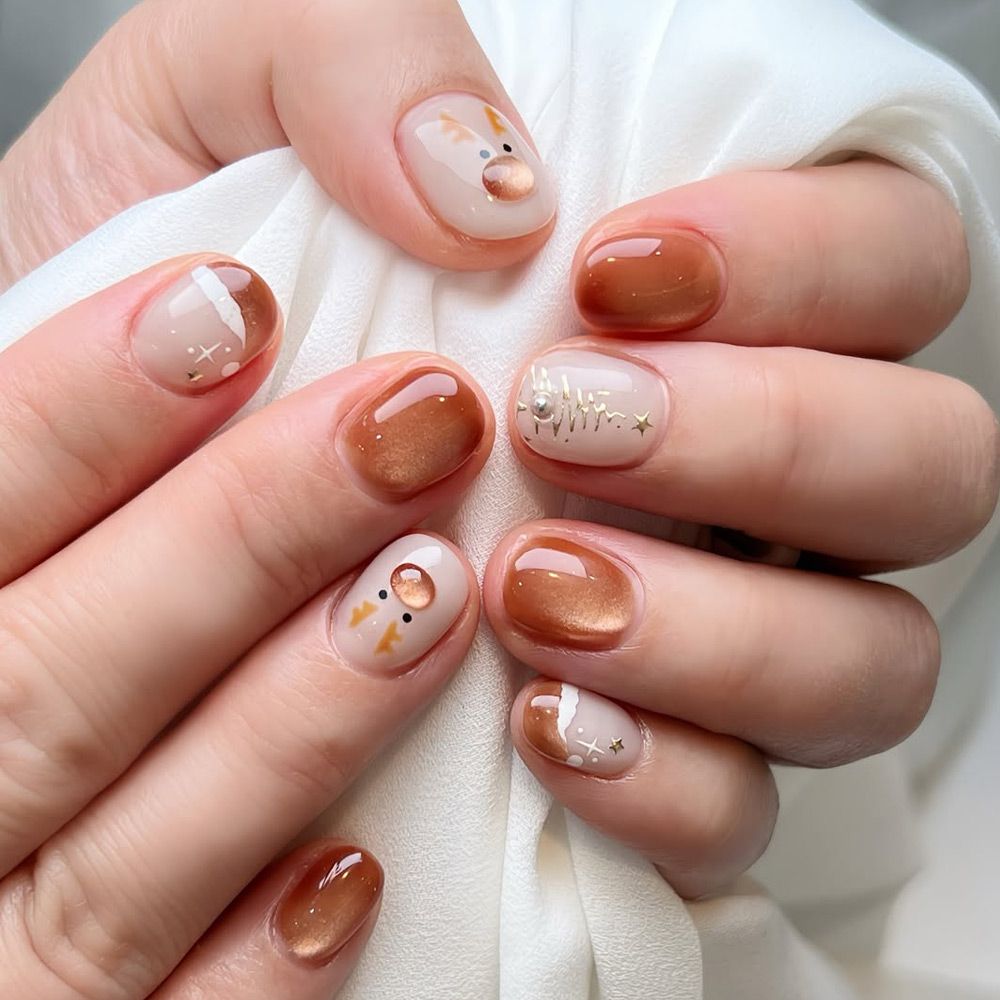 Nude Copper Reindeer Face Ombre — Winter Ombre Nails 2027